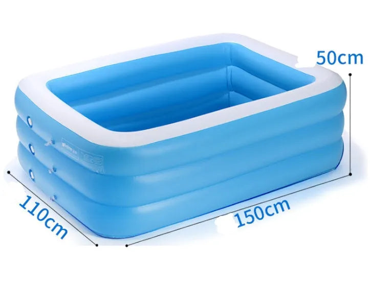 Rectangular inflatable kiddie pool, blue and white PVC, 150cm x 110cm x 50cm, with green base for outdoor summer play