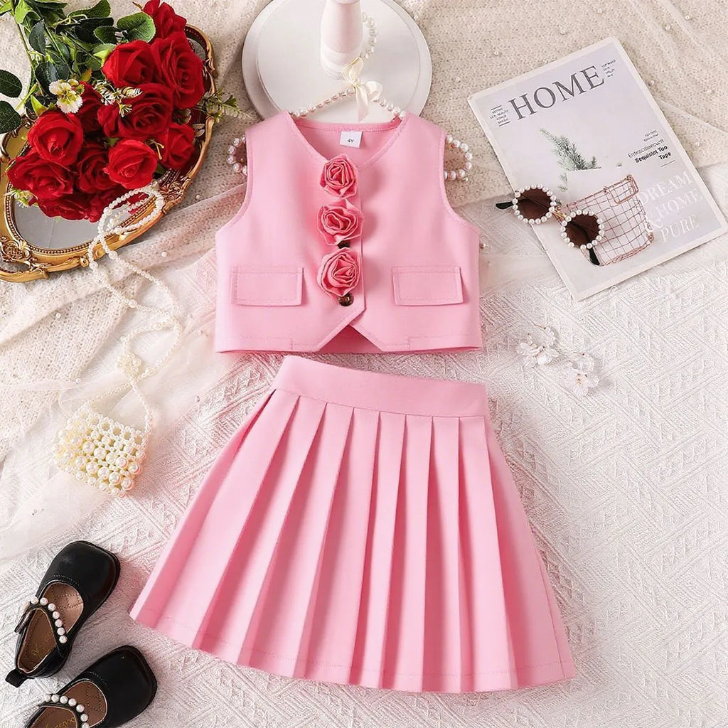 Girls' polyester suit vest and pleated skirt set in red, pink, or purple, sizes 4Y to 7Y
