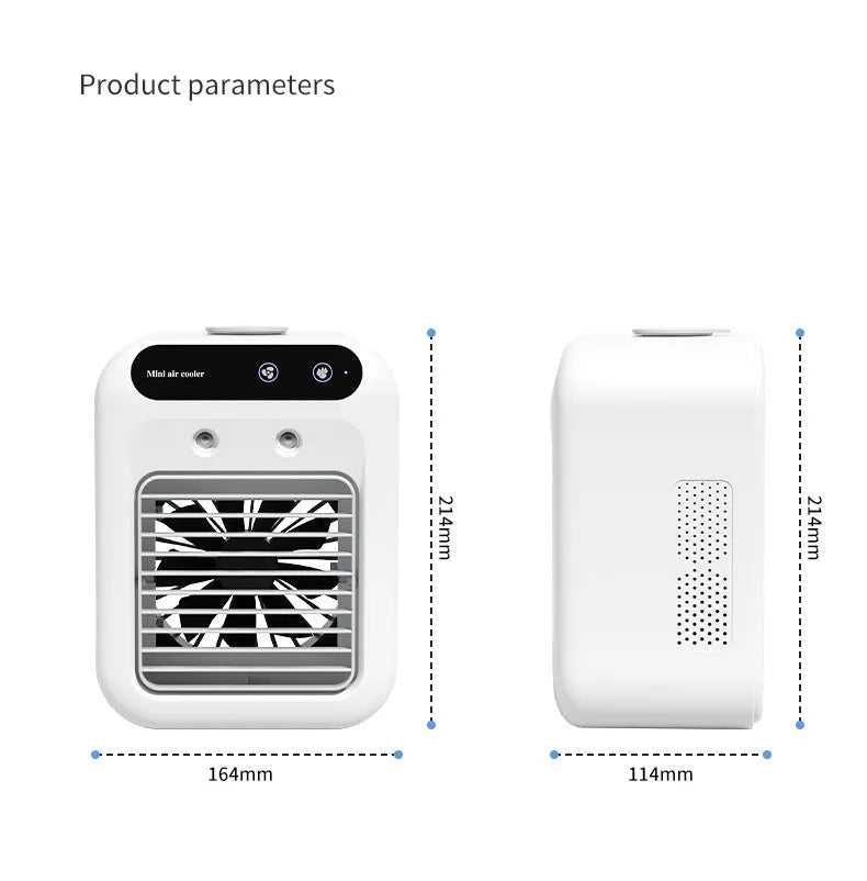 Ivory white portable USB air cooler fan with touchscreen controls and water tank