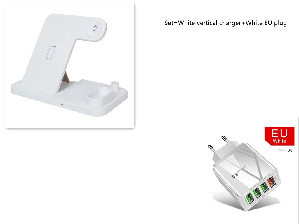 A white 4-in-1 wireless charger folded flat, showing charging pads for phone, Apple Watch, AirPods, and Apple Pencil.