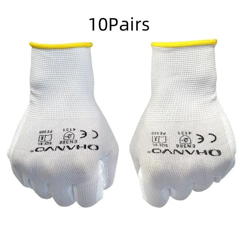 White PU coated labour gloves with breathable latex backing showing 24 cm length measurement