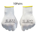 White PU coated labour gloves with breathable latex backing showing 24 cm length measurement