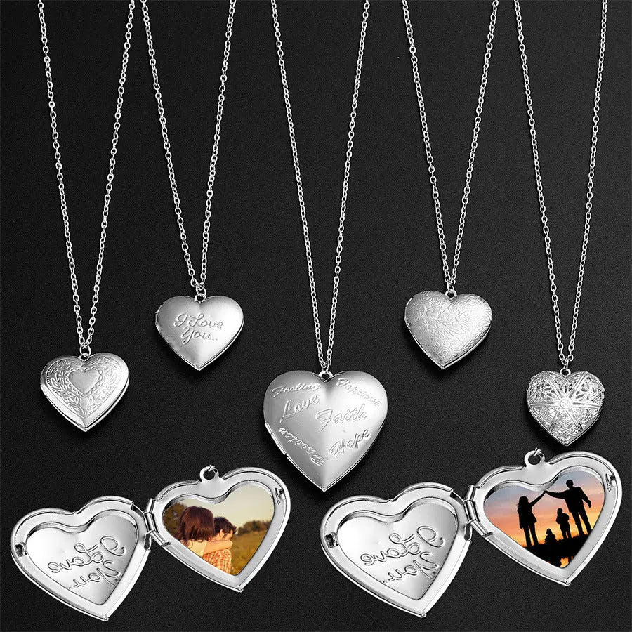 Carved heart photo frame pendant necklace in alloy showing a personal photo inside