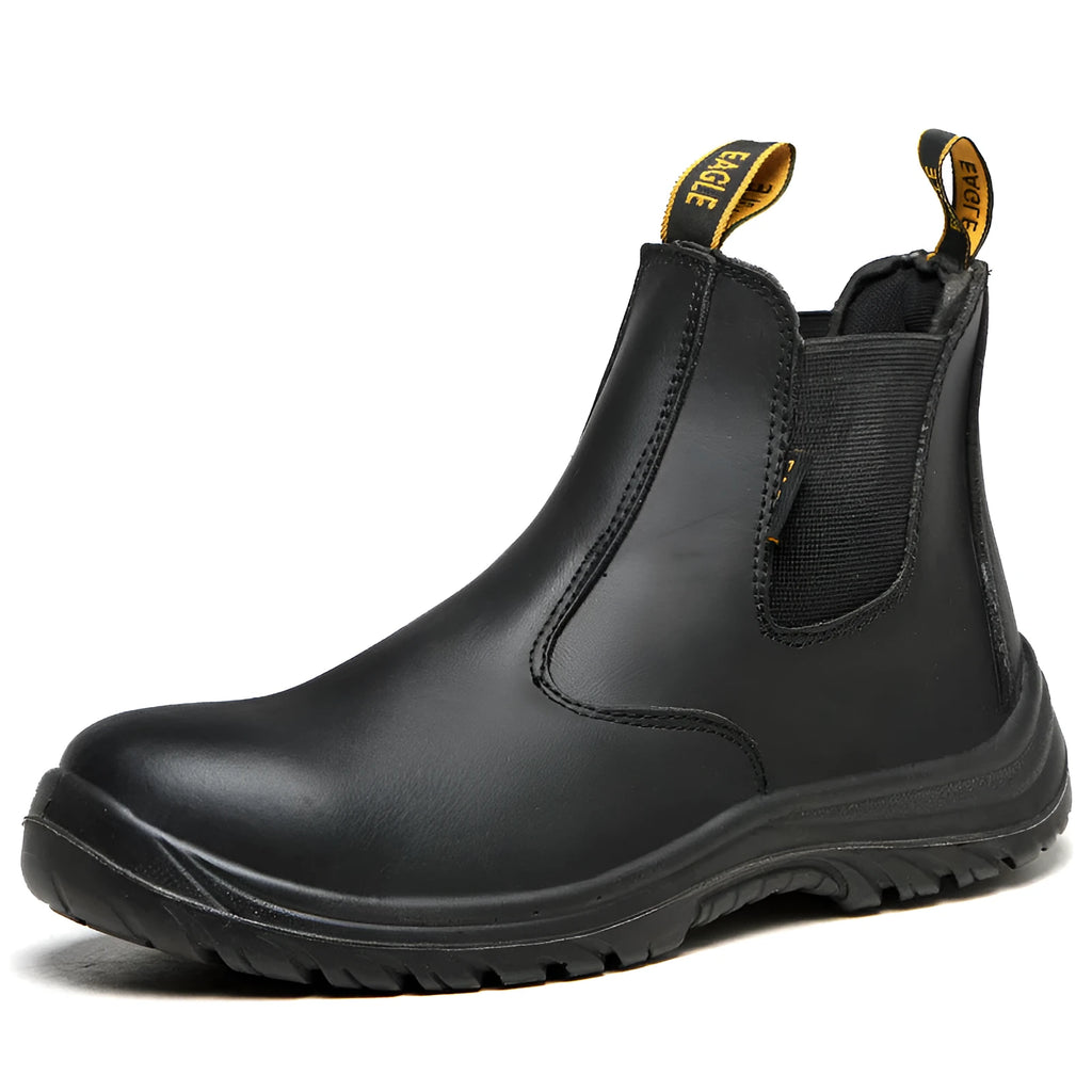 Black high-top leather safety work boots with anti-piercing sole protection.