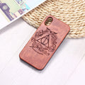 Wooden phone case with natural wood back and black TPU bumper showing iPhone compatibility