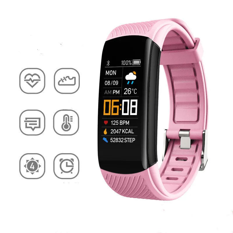 Adult sports silicone pedometer bracelet with a 0.96-inch touchscreen display on a wrist.