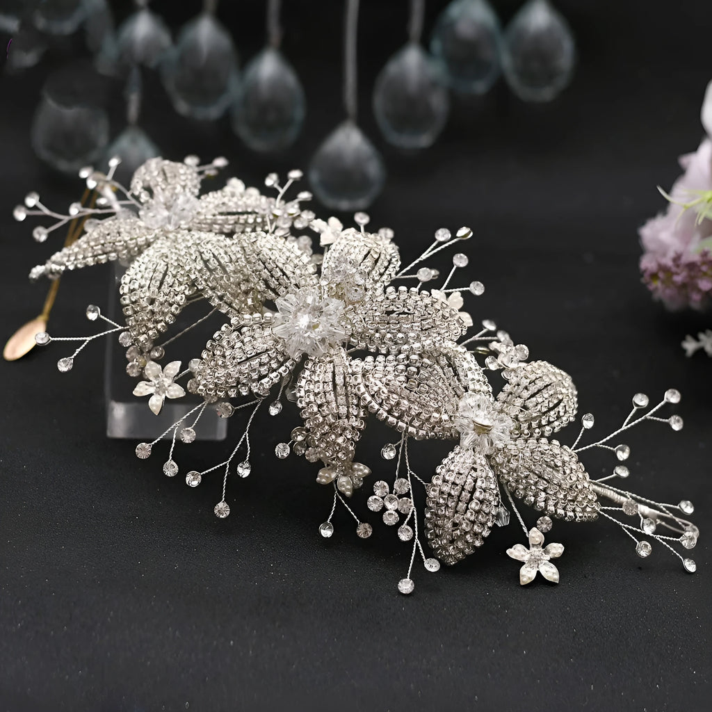 Silver bridal flower rhinestone hair band with plaid pattern on alloy headband