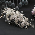 Silver bridal flower rhinestone hair band with plaid pattern on alloy headband