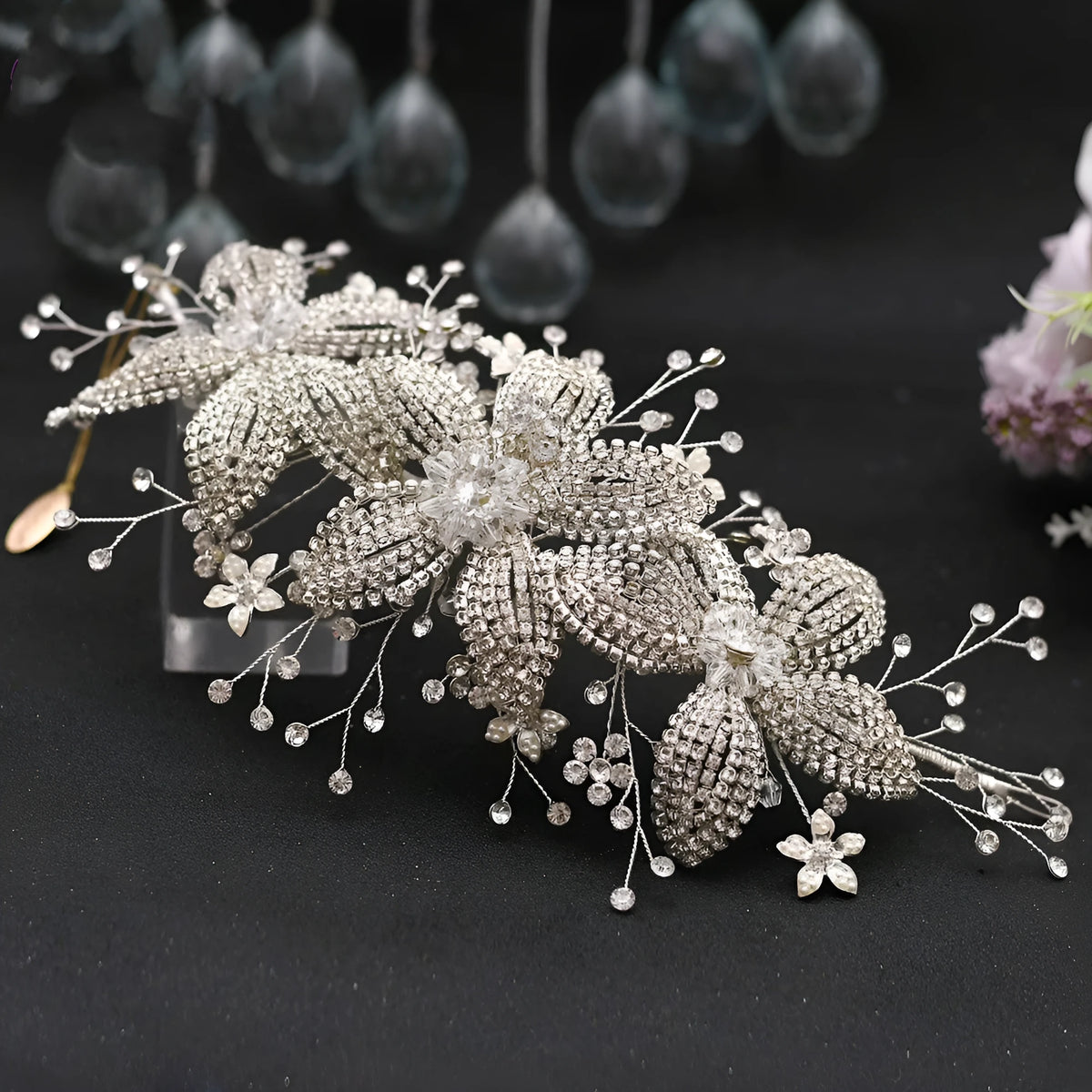 Silver bridal flower rhinestone hair band with plaid pattern on alloy headband