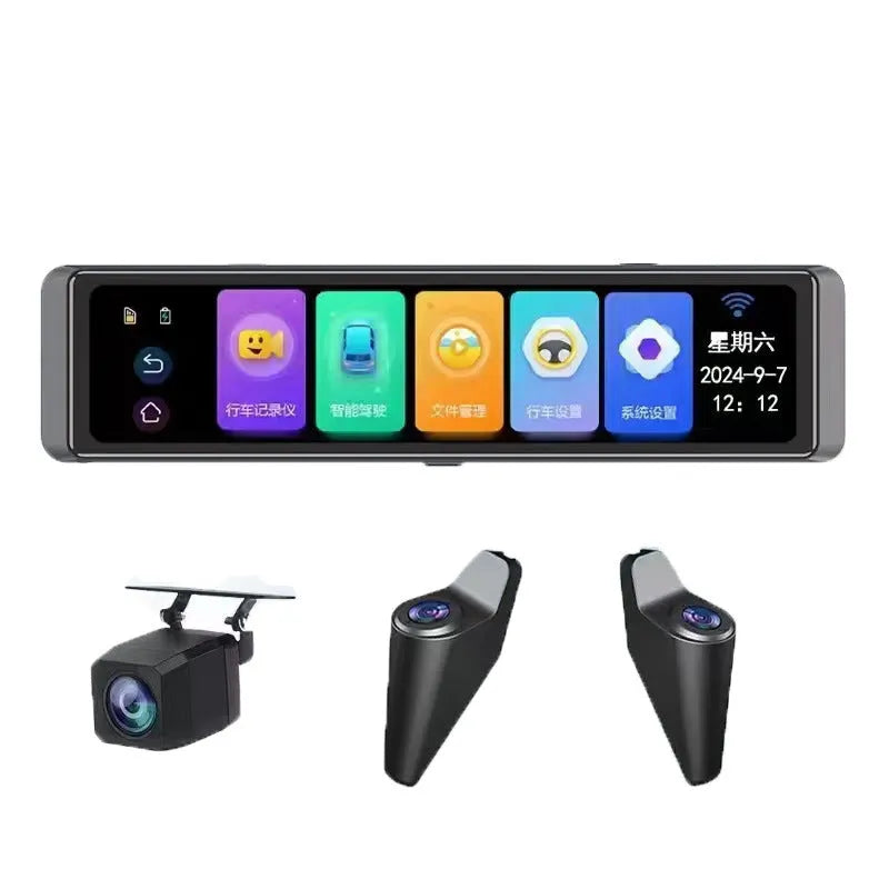 12-inch full-screen 4K streaming rearview dash cam with blind zone warning and multi-lens cameras in black finish