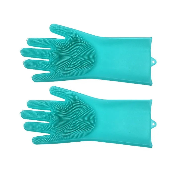 Blue silicone gloves with textured palm for scrubbing, shown on hands holding a pan.
