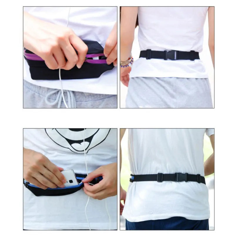 Unisex polyester sports waist bag with double pocket and slim zip, in black, green, blue, rose or orange