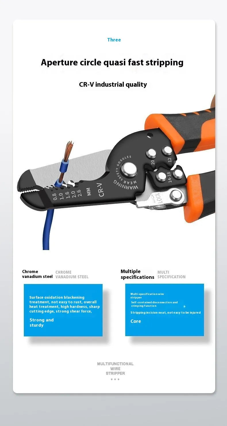 Fully automatic wire stripping pliers tool with high carbon steel blades on a workbench.