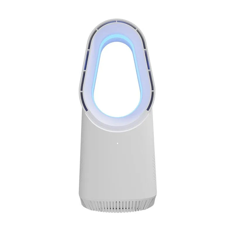 SK white bladeless tower fan with remote control on a wooden floor next to a desk.