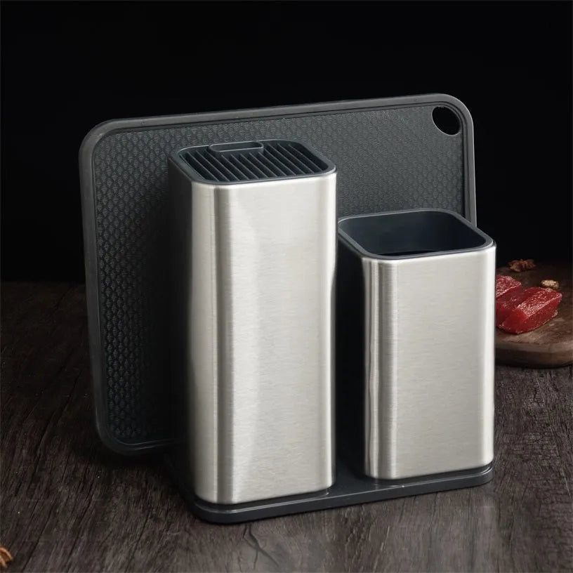 Black and white multifunctional kitchen knife holder with detachable base and storage bucket on a countertop.