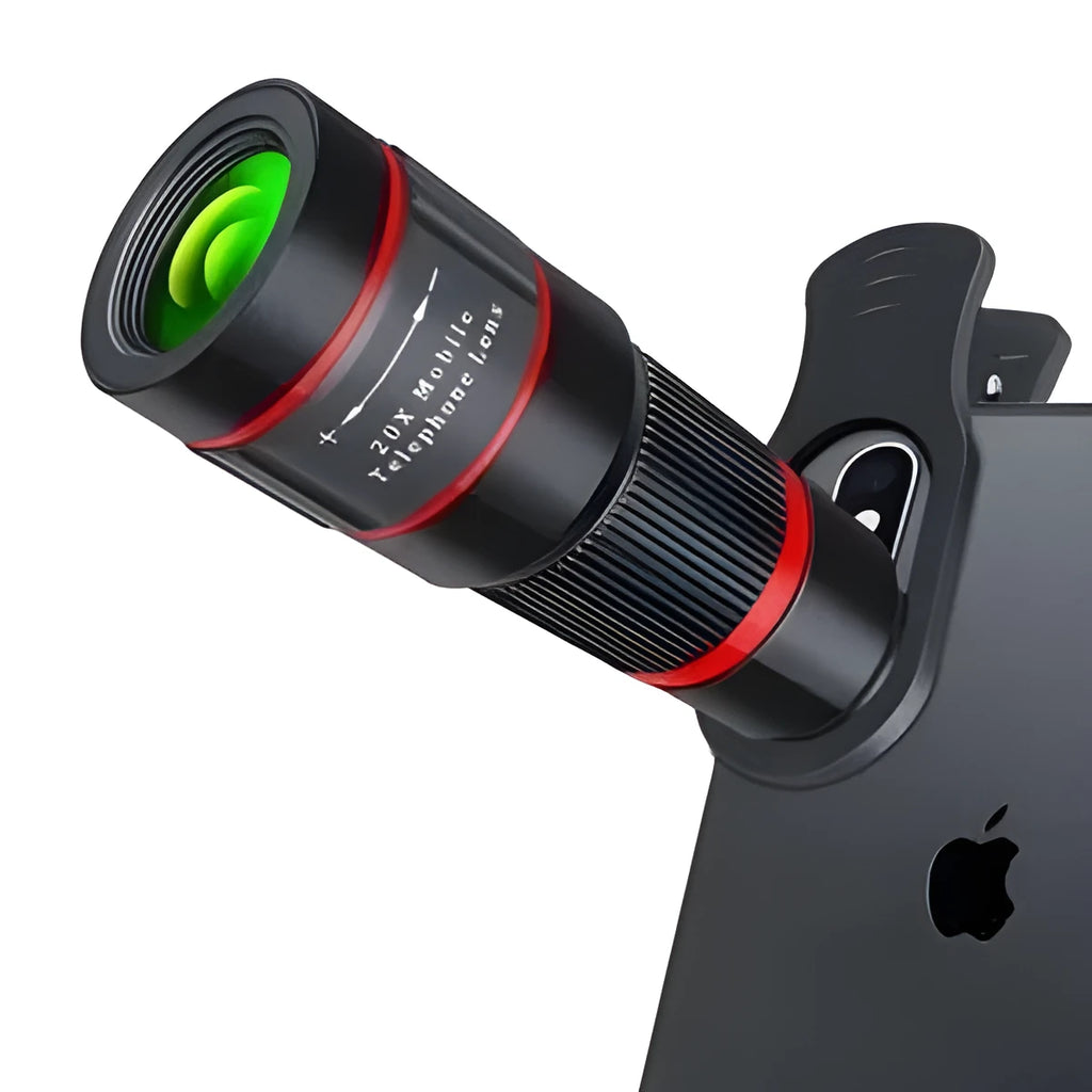 20x magnification smartphone telescope lens with universal mounting clip and eyepiece mask
