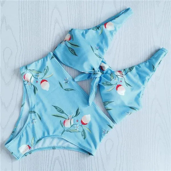 Knotted double-sided bikini swimsuit in polyester spandex, yellow flower orchid white flower, sizes L M S