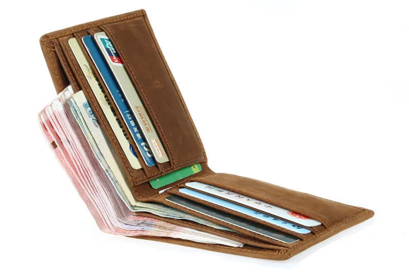 Brown horse leather men's ultra-thin short wallet with retro European style and card slots