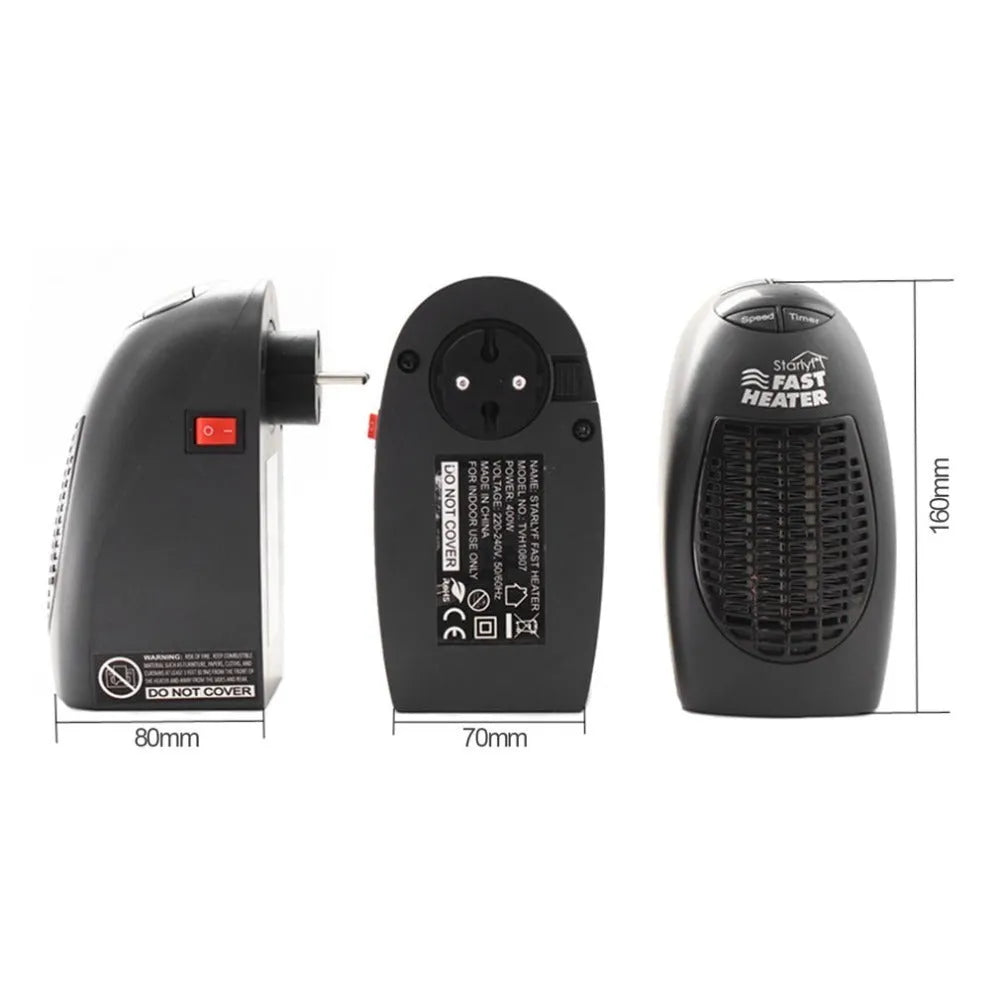 Black portable ceramic electric heater with digital display and rotating plug on a white background.