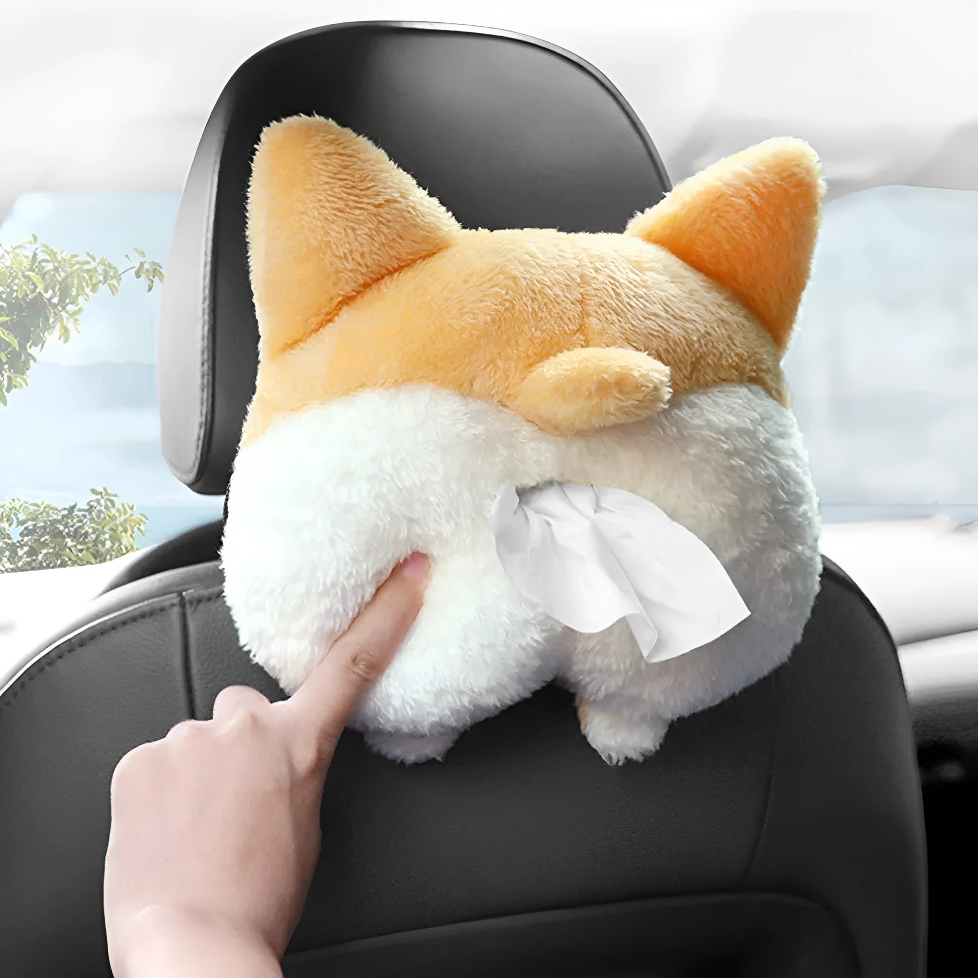 Yellow soft plush corgi butt-shaped tissue box cover with elastic back for car visor.