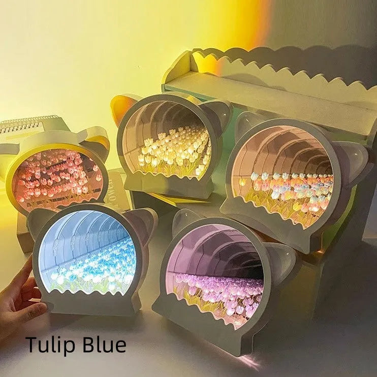 DIY cat head shaped night light kit with colourful handmade tulip flowers for bedside decor.