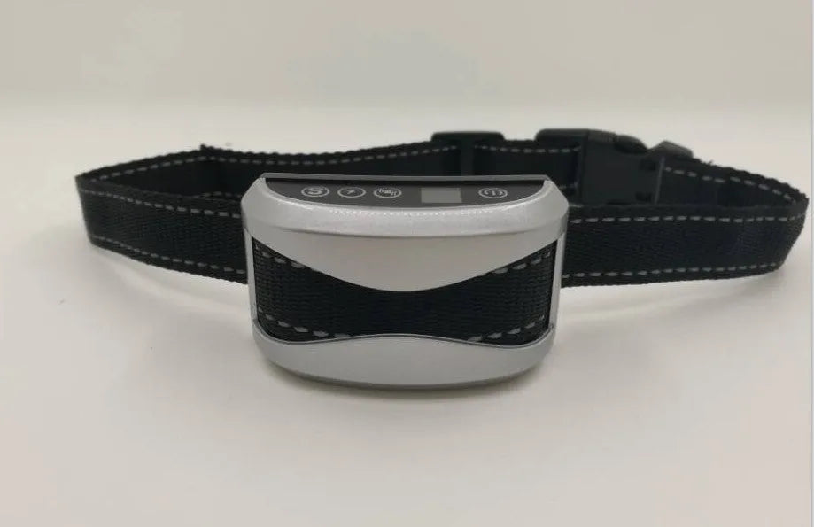 Black digital display anti-bark training collar for dogs with adjustable reflective strap.