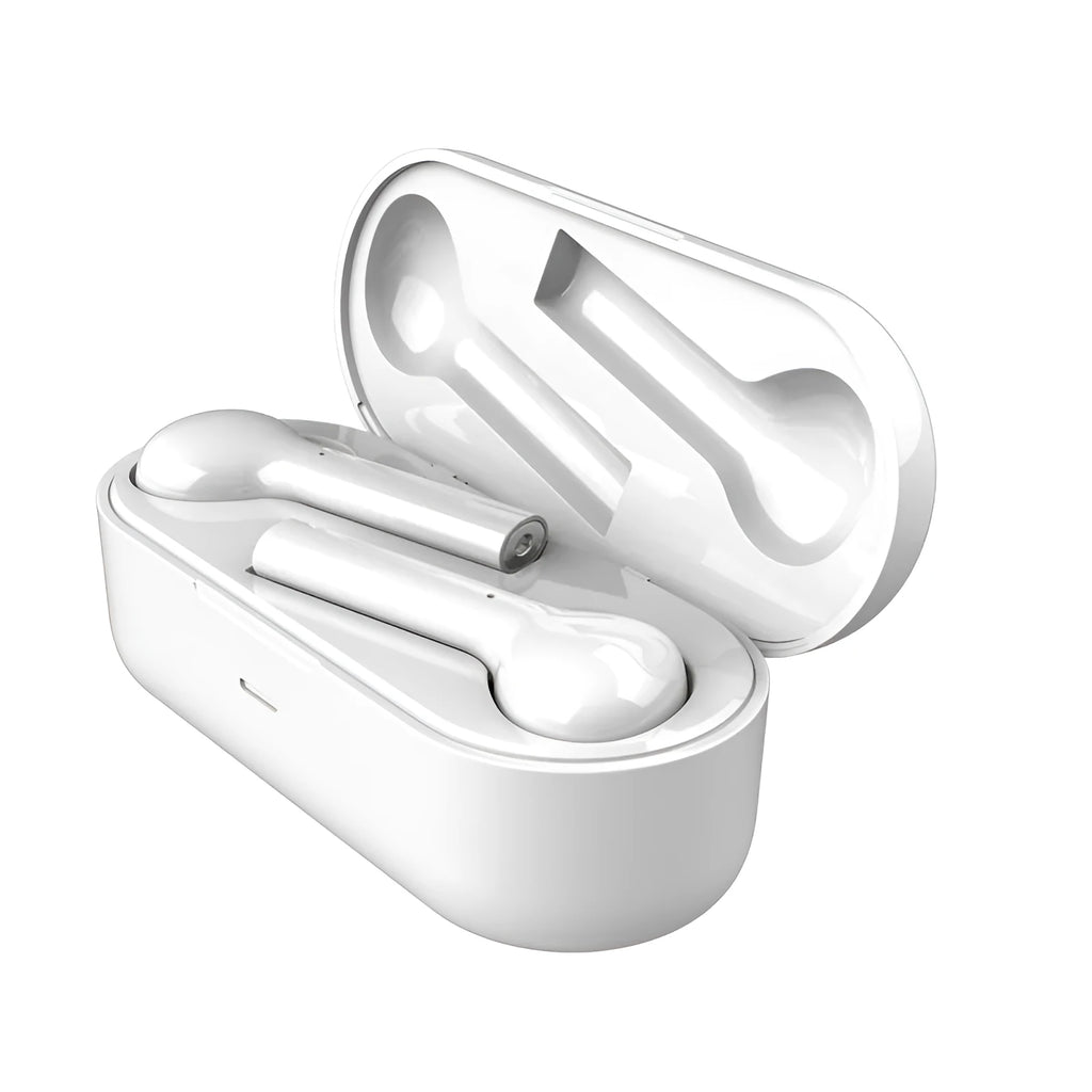 Black and white wireless touch control earbuds with a charging case on a table.