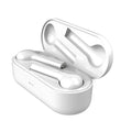 Black and white wireless touch control earbuds with a charging case on a table.