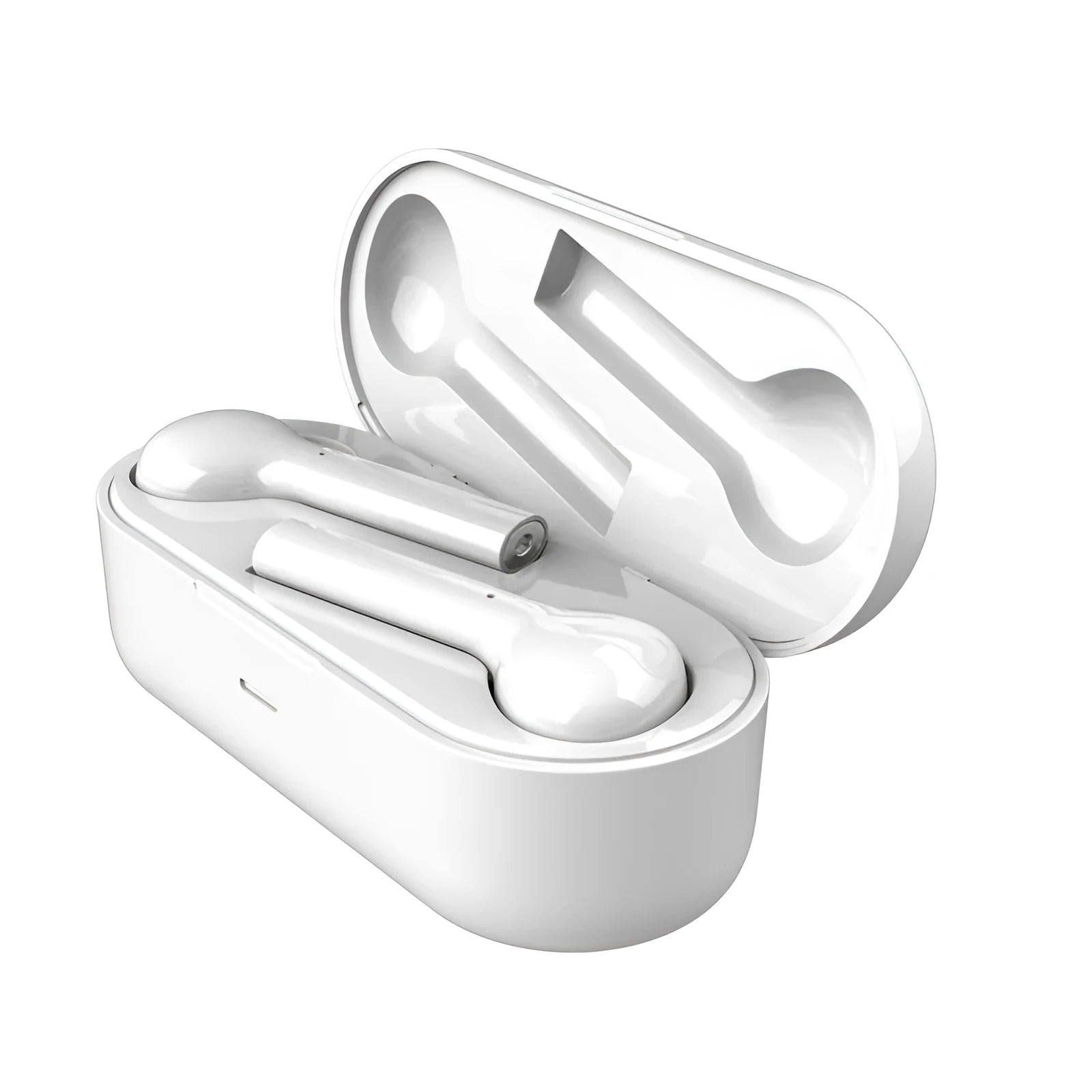 Black and white wireless touch control earbuds with a charging case on a table.
