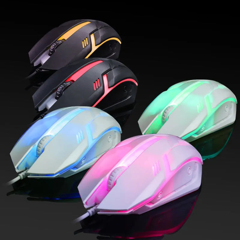 Black and white luminous wired optical mouse with USB cable on a desk