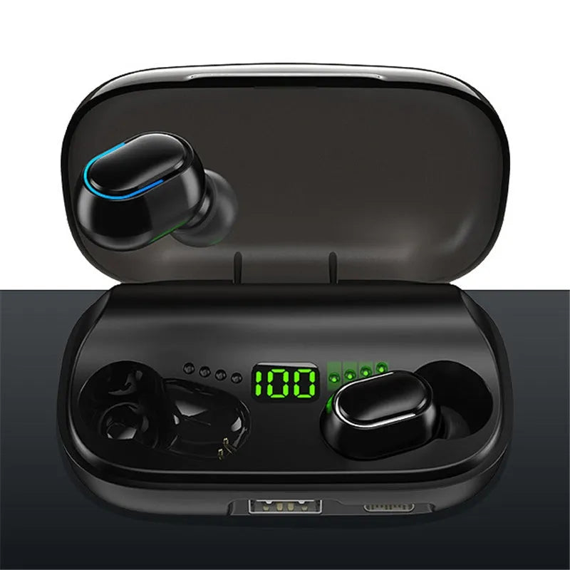 Black TWS digital display XT01 Bluetooth earphones with charging case showing battery percentage on screen.