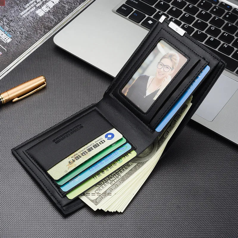 Men's business money wallet card case in PU leather, 100x120x15mm, black colour option