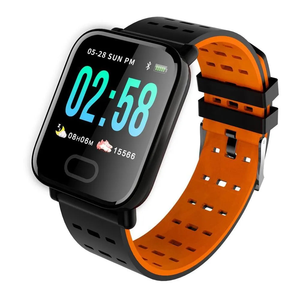 A6 smart bracelet with colour screen and black silicone strap on a wrist