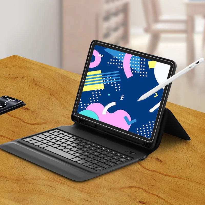 Black ultra-thin wireless Bluetooth keyboard case for iPad Air and iPad Pro in open position