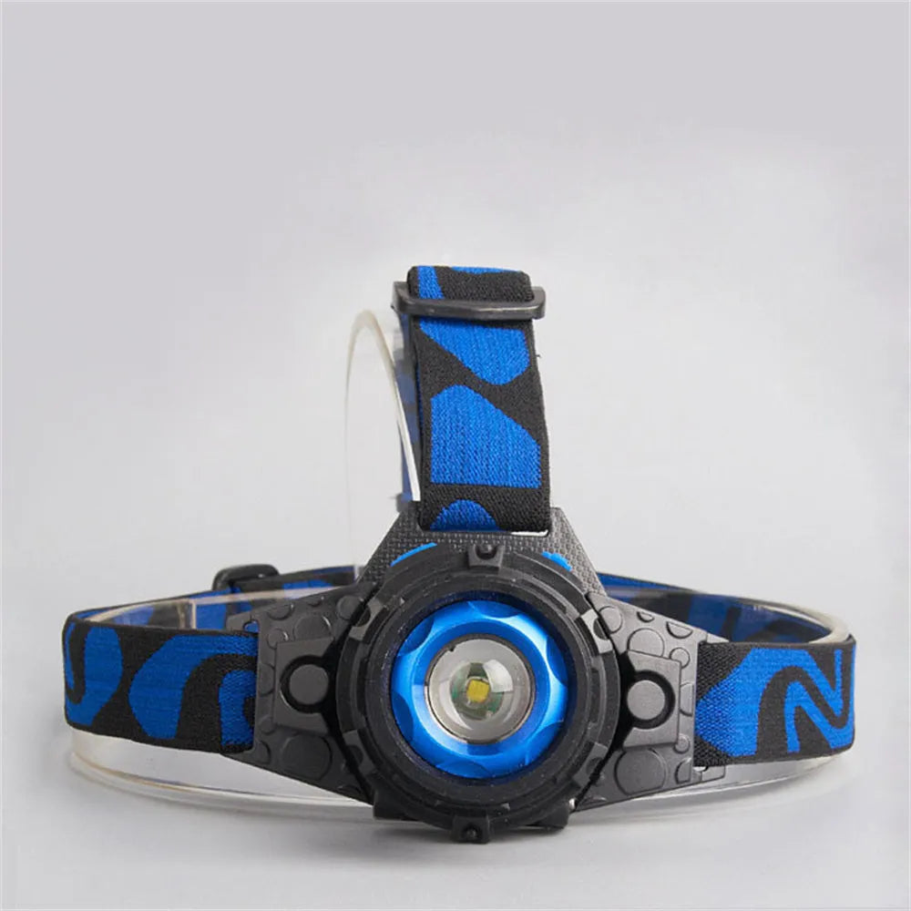 Blue rechargeable LED headlamp with aluminium alloy body and focusing head, head-mounted design for outdoor use