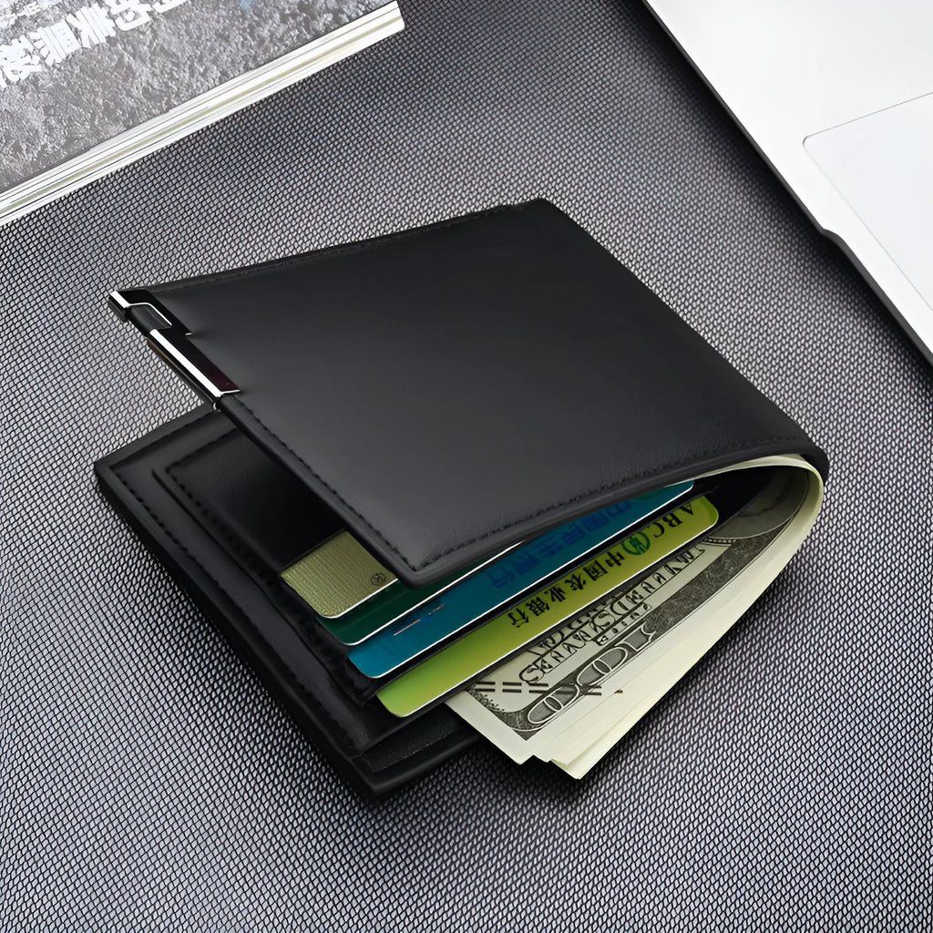 Men's business money wallet card case in PU leather, 100x120x15mm, black colour option