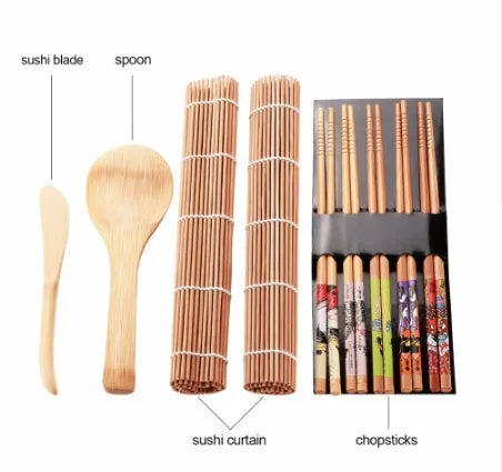 White sushi tool set with bamboo rolling mat and spatula on a kitchen counter