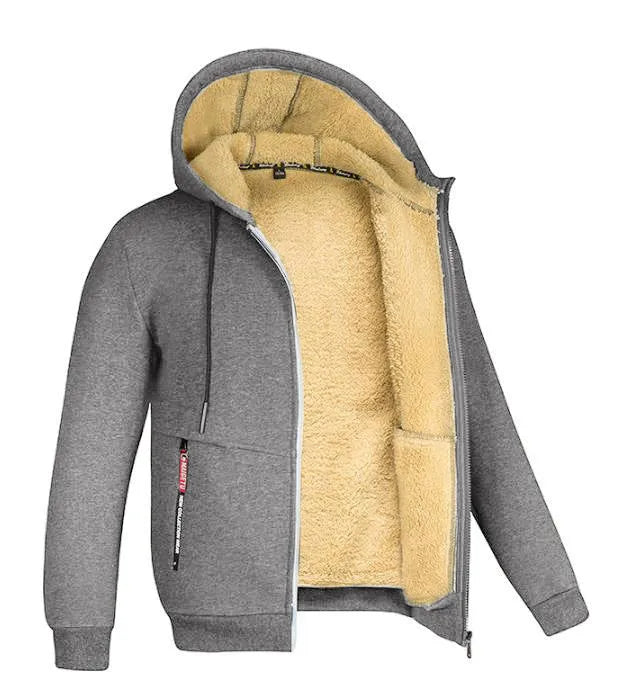 Men's fleece-lined winter cardigan coat with zipper pockets in army green, front view on model