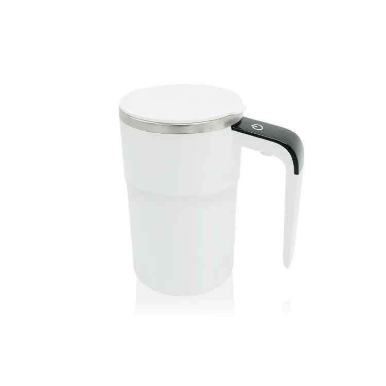 Black electric coffee mug with automatic magnetic stirring and LCD temperature display