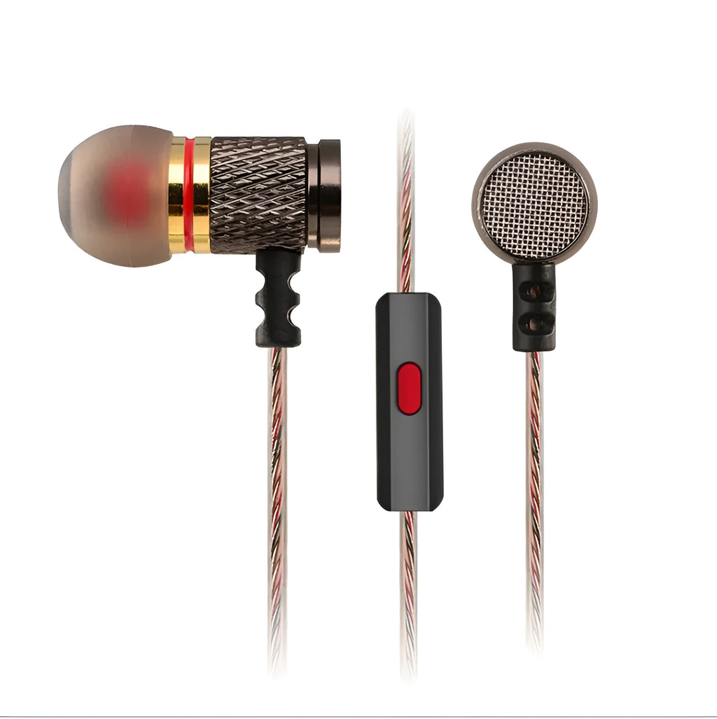 Black wired in-ear headphones with 3.5mm L-bend plug and silicone cable, showing TPE earplugs.