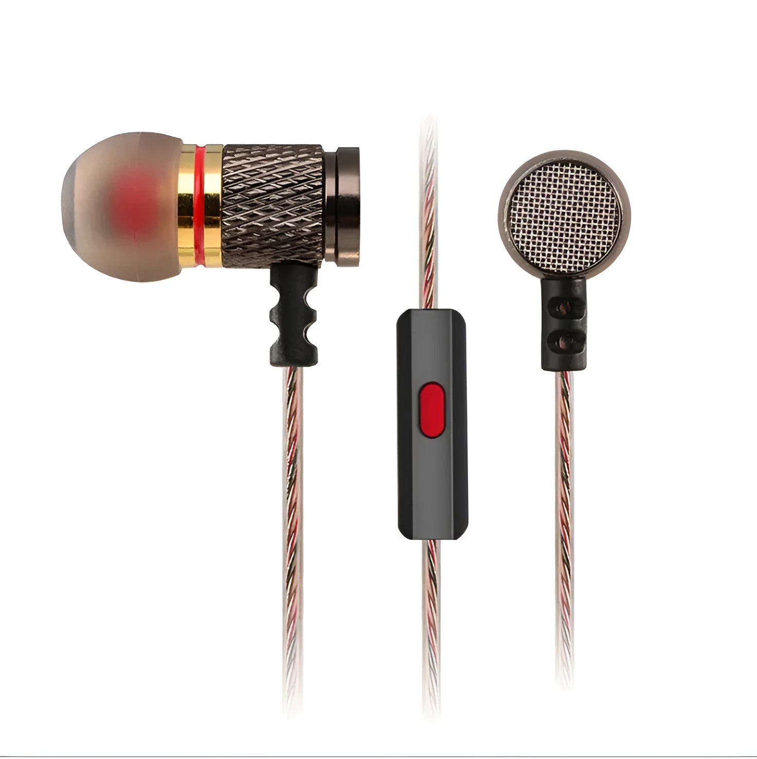 Black wired in-ear headphones with 3.5mm L-bend plug and silicone cable, showing TPE earplugs.