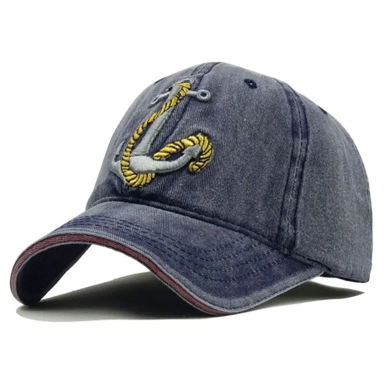 Anchor embroidered baseball cap in cotton, shown in red, khaki, black, and navy blue.