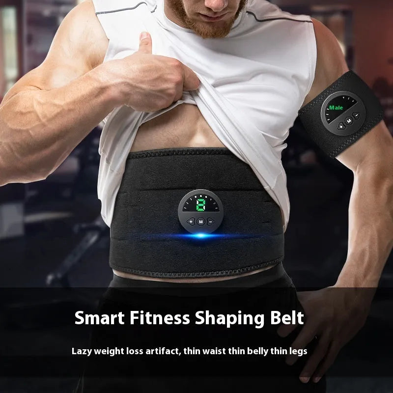 Sweat fitness belt for waist and abdomen reduction shown with adjustable strap and display screen.