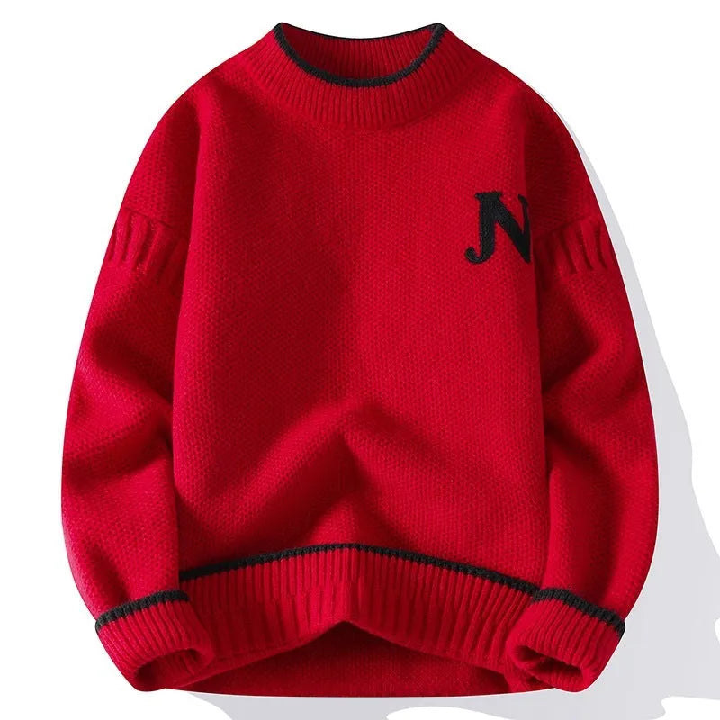Men's thickened round neck cotton blend knit sweater in grey, loose fit pullover winter style