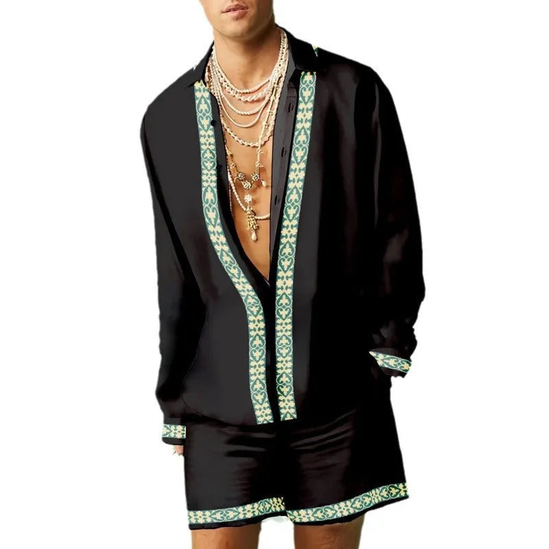 Man wearing a slim-fit long sleeve shirt and matching shorts from a casual summer polyester set.