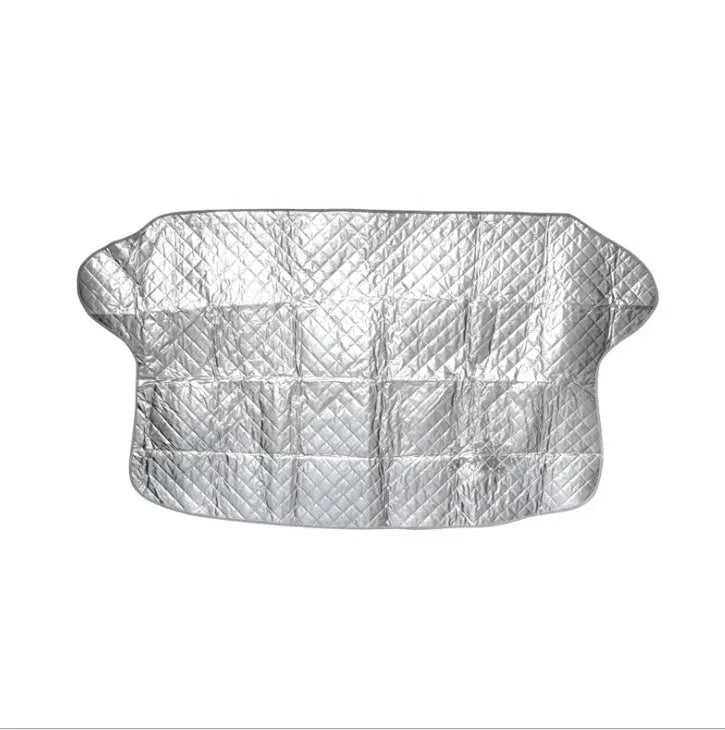 Car snow block front windshield cover in aluminized film, external anti-theft model, sizes 100x147C and 143X93.