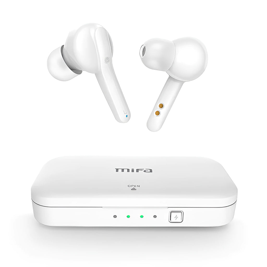 Black and white TWS wireless Bluetooth earbuds with charging case, showing discreet in-ear design.