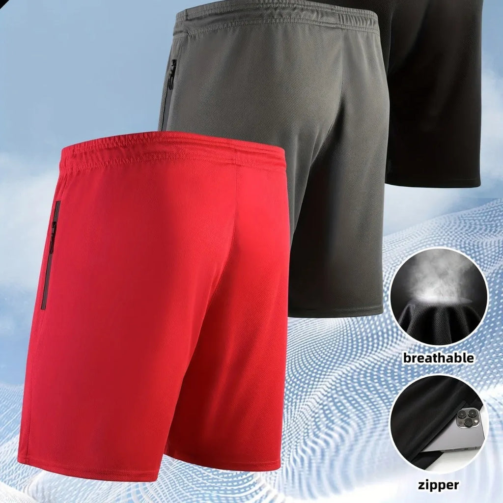 Men's quick-drying polyester cotton blend outdoor training shorts with zipper pocket, five-point length, mid waist, colour black, side view