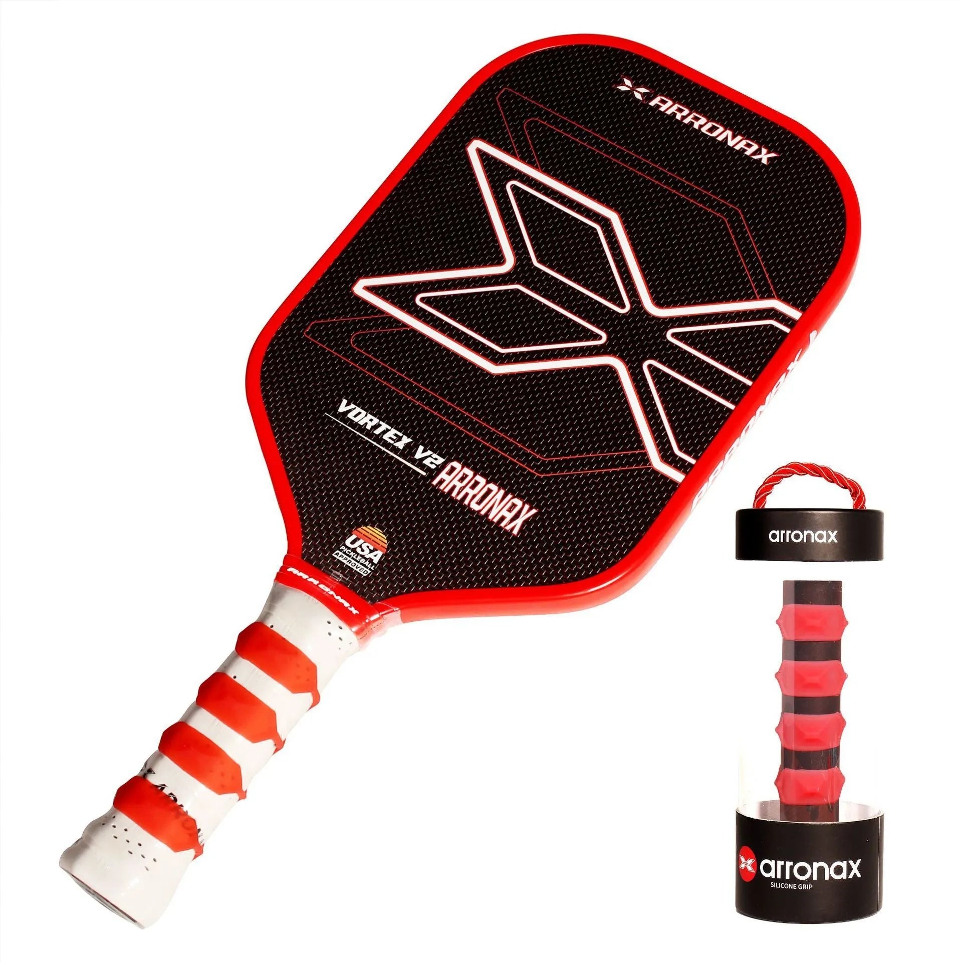 Silicone racquet hand rubber buckle in seven colour options shown next to a tennis racket.