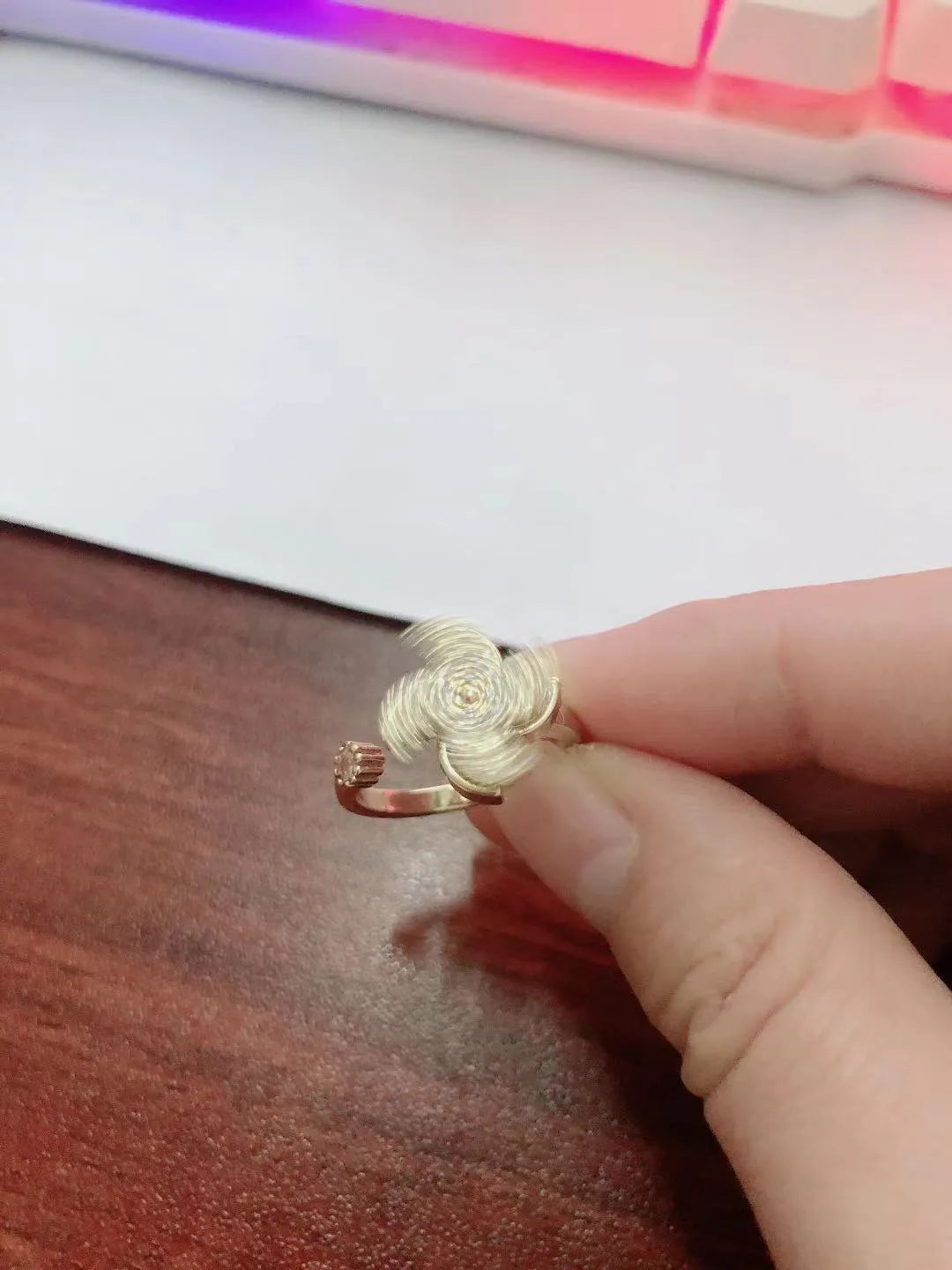 Rotating micro inlaid windmill ring in gold or silver electroplated copper